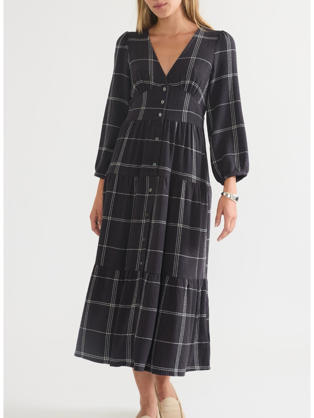 Marine Layer Maeve Plaid Long Sleeve Tiered Maxi Dress Size Large